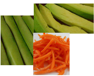 sliced avocado and cuke and carrots for sushi roll